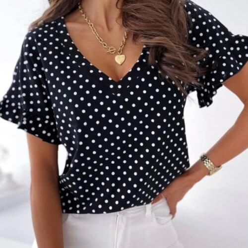 Polka Dot Print Ruffle Blouse Womens Elegant Plus Size Tops Tee V-neck Butterfly-sleeves Pullover Casual Blouse Рубашка Женская