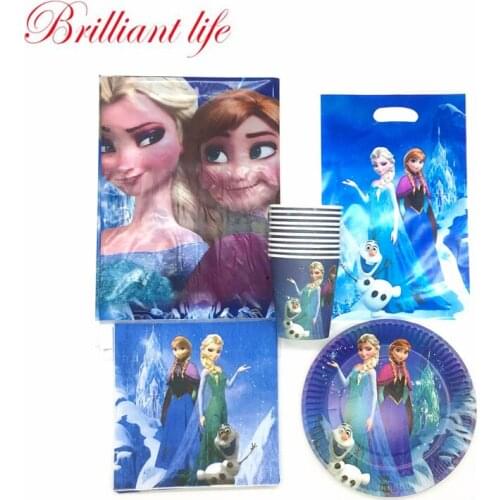 Disney Cartoon Queen Elsa Anna Theme 51pcs/lot Girl Birthday Cups Plates Napkin Women Family Party Gift Bag Tablecloth Supply