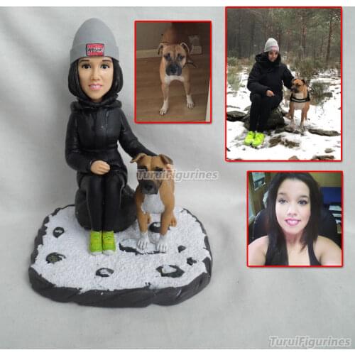 Girl with pet dog figurine cake topper birthday figure wedding cake polymer clay dog mini statue handmade chinese cake toppers