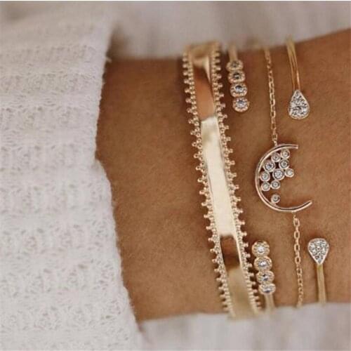 HI MAN 4Pcs/Set Bohemian Mixed Micro-Inlaid Zircon Moon Galaxy Open Adjustable Bracelet Women Summer Beach Shiny Jewelry