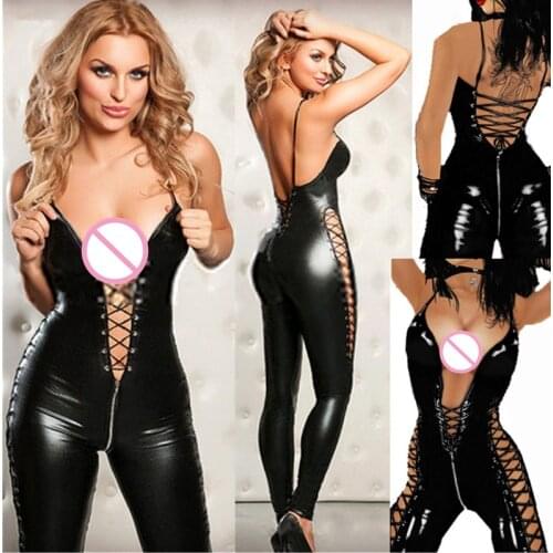 Two-way Zipper Womens Sexy Latex Catsuit Black Lace Up Faux Leather Bodysuits Fetish Hot Erotic Pole Dance Lingerie Clubwear
