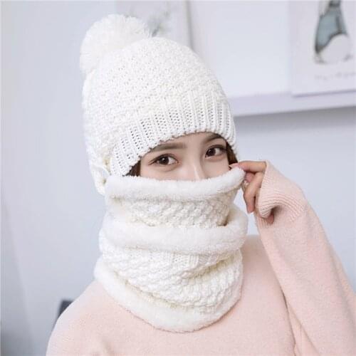 Fashion Winter Hat Scarf Mask Set For Women Girls Warm Beanies Scarf Pompoms Knitted Caps And Scarf Mask 3 Pieces Set Women