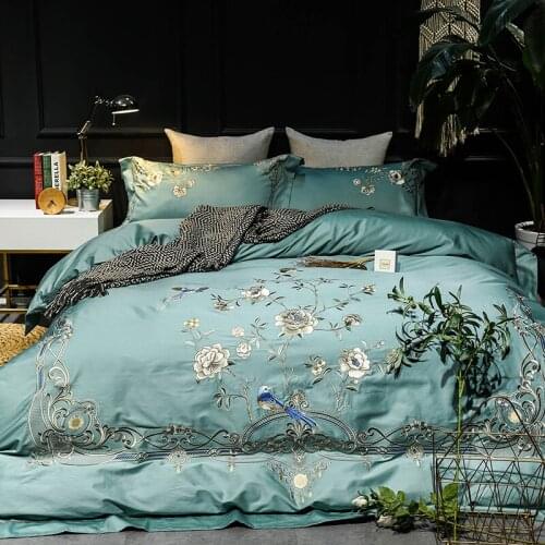 Luxury blue Exquisite Flower Embroidery 60S Egyptian Cotton Bedding Set Queen King Size Duvet Cover Bed Linen Bed sheet Pillowca