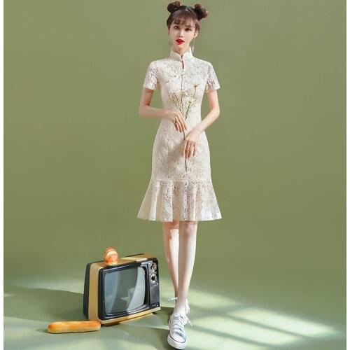 Korean Style Women Princess Lace Elegant Evening Midi Dress Fashion Retro Sexy Cheongsam Slim Qipao Club Party Vintage Vestidos