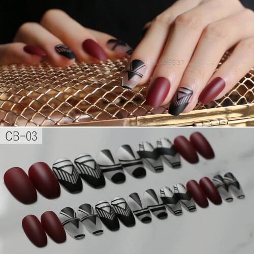 False nail Red wine Coffin Art Deco design Black Classic pattern Scrub effect and shiny full sets press on nails Fire burning