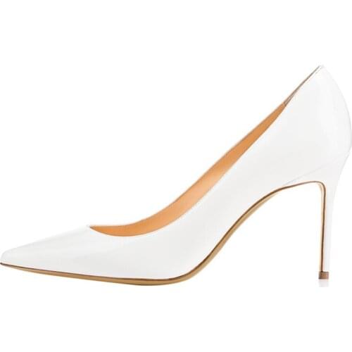 2018 Hot sale office lady party dress shoes patent leather pointed toe thin high heels women pumps 8.5 cm heel black white nude