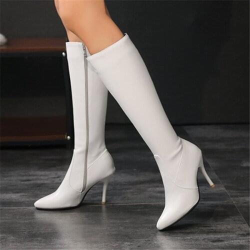 PXELENA Sexy Women Knee High Boots Thin Stiletto Heels Black White 2021 Spring Autumn Winter Shoes Plus Size 34-45 Office Lady