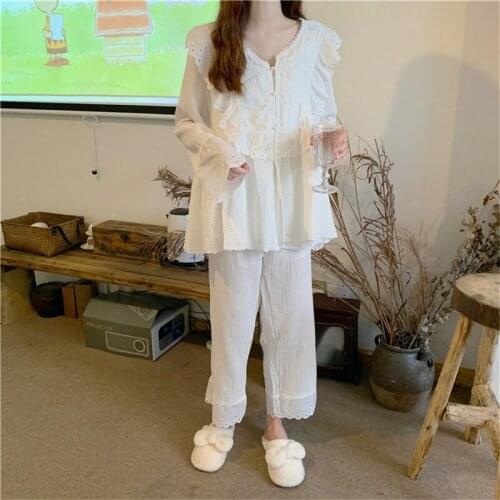 Pajama set female Korean nightwear sweet yukata loose home service 3PCS sling+cardigan+sleep pants sexy lace kimono robe new