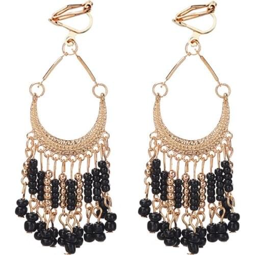 JIOFREE 5 Color bohemian colorful beads long Tassel Earrings Statement Bohemian Clip on Earrings For Women Party Holiday Jewelry