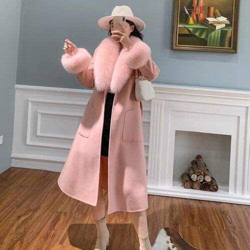 2021 Real Fur Coat Winter Jacket Women Natural Real Fox Fur Collar Cuffs Cashmere Wool Woolen Long Ladies Outerwear