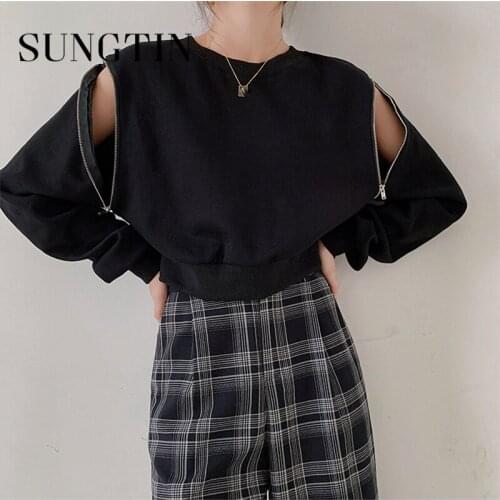 Sungtin 4 Color Solid Zip Off Shoulder Sweatshirt Cropped Women Autumn Korean Fashion Black White Crop Top Woman Chic Sweatshirt
