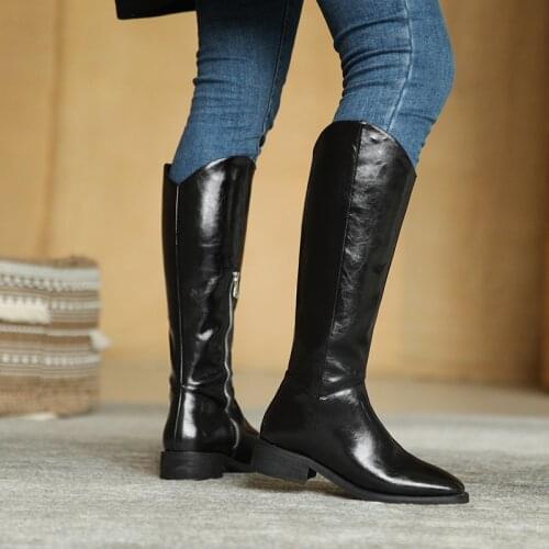 MEZEREON Split Leather Thigh High Boots Square Toe Western Riding Equestrian Boots Med Heel Fashion Winter Shoes With Zip
