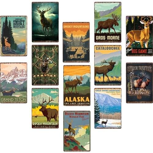 Animal/Deer/Smokey Moutain Metal Poster Elk Vintage Tin Sign Deer Head Plaque Bar Pub Club Home Wall Retro Decor Art Painting