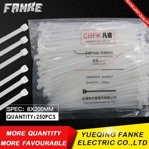 250Pcs/pack 8*200mm high quality width 5.2mm White Color Factory Standard Self-locking Plastic Nylon Cable Ties,Wire Zip Tie