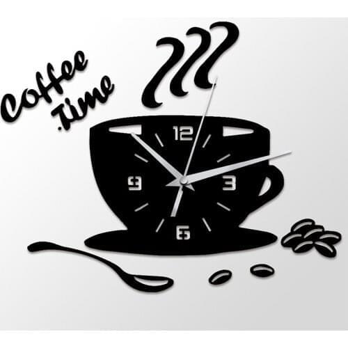 3D DIY Coffee Time Clock Acrylic Wall Clock Modern for Kitchen Home Decor Cup Shape Wall Sticker Hollow Numeral Clock DA406