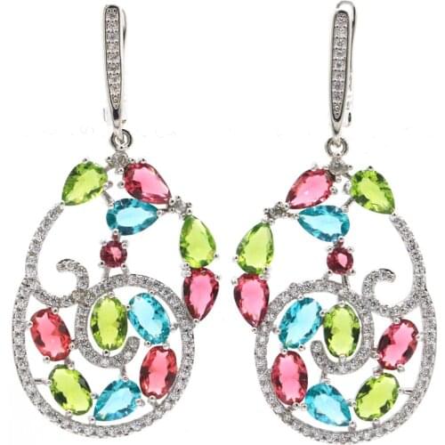 40x28mm Anniversary Jewelry Set Round Created London Blue Topaz For Women Silver Pendant Earrings Wholesale Drop Shipping