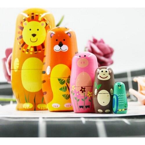 5-layer Wood Russian Nesting Dolls Matryoshka Dolls Hand Paint Cartoon Tiger For Kids Gifts Crafted Doll Multicolor Home Decor