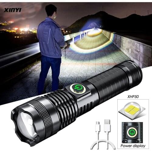 80000 Lumens New XHP50 LED Flashlight Built-in Battery Torch USB Light Charging 5 Modes Flashlight With Zoomable Power Display