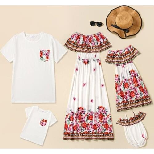 Bohemia Family Matching Outfits Flower Mother Daughter Dresses Father Son T-Shirts Boat-Neck Mom Mum Baby Mommy and Me Clothes