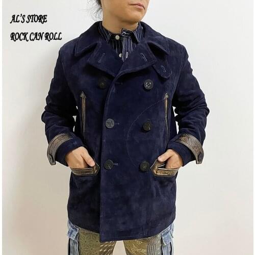 CD740 Read Description! Asian Size Excellent Cow Leather Winter Jacket Mens Classic Cowhide Suede Leather Pea Coat