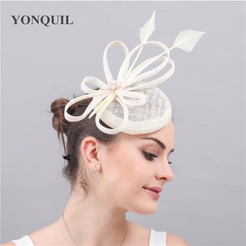 Church Cocktail Wedding Hat Fascinator Ivory Fashion Bride Women Fashion Headpiece Chic Party Sinamay Headpiece Headband Hoops