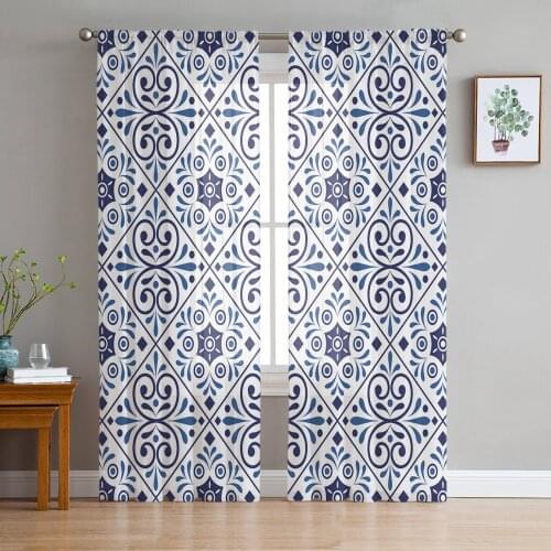 Classic Vintage Blue And White Ceramic Tile Sheer Curtains for Living Room Tulle for Windows Voile Yarn Short Bedroom Curtains