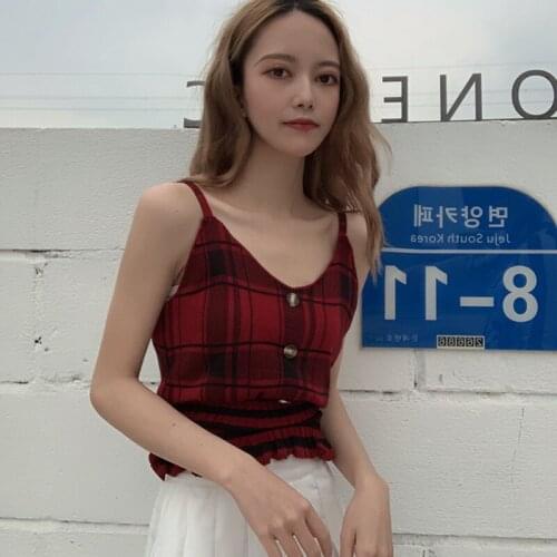 Plaid Striped Sling Vest Womens Sexy V-Neck Tank Tops Fashion Casual Sleeveless Ruffled Camisole
