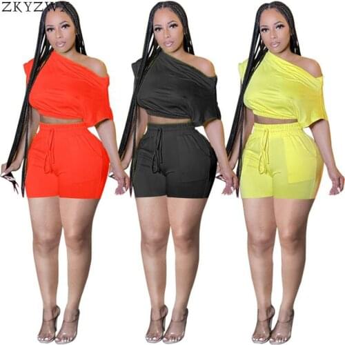 ZKYZWX Sexy Soid 2 Piece Set for Women Summer Clothes Short Sleeve Crop Top Pockets Shorts Beach Vacation Outfits Matching Sets