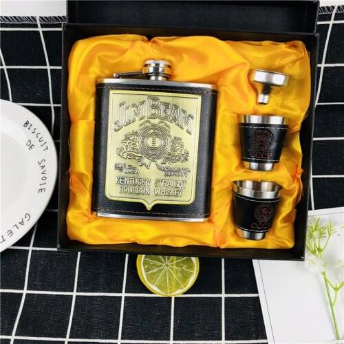 Hot sales bpa free 7oz whisky flagon jim 304Stainless steel alcohol pu leather wrapping hip flask festival gift box funnel