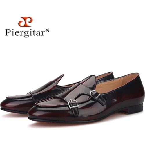 Piergitar New Hand-Polished Burgundy Calf Leather Men Loafers British Classics Buckled Slip-on Mens Smoking Slippers Red Bottom