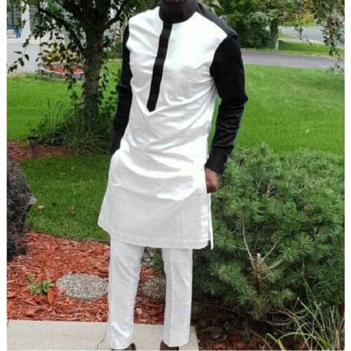 Custom Made Mens Pant Set Stand Collar White/Black Tops+Trousers Plus Size African Party Groom Suit Support DropShipping
