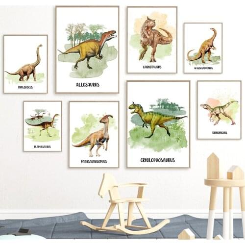 Jungle Dinosaur Triceratops Nursery Watercolor Wall Art Canvas Painting Nordic Posters And Prints Wall Pictures Boy Room Decor