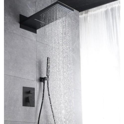Wall mounted Brass Black three functions bathroom shower faucet set with Waterfall Rainfall top shower head handheld shower head