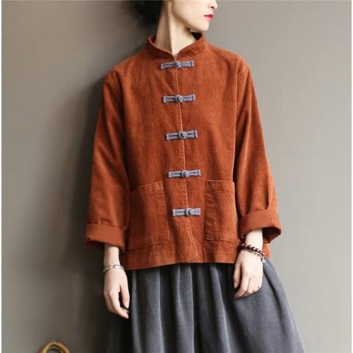 Autumn Winter Corduroy Jacket For Women Retro Vintage Shirt Blouse Tang Suit Hanfu Chinese Style Clothing Women 12061