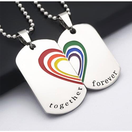 Stainless Steel Lesbian & Gay Rainbow Heart "together forever" Necklace Lover Jewelry Romatic Couple Valentines Day Gift