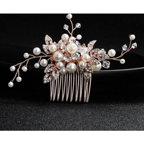 Simple bride hair accessories rose gold water diamond pearl hair comb bridal hair comb wedding dress accessories