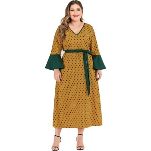 Plus Size Summer Women Polka Dot Long Maxi Dress Flare Sleeve Party Gown Dubai Abaya Muslim Kaftan Caftan Islamic Clothing Robes