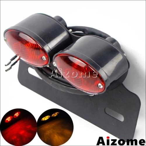 Motorcycle Dual Cat Eye Taillight w/ Turn Signals LED Tail Stop Lamp Bracket License Plate Lamp For Cafe Racer Touring Scrambler