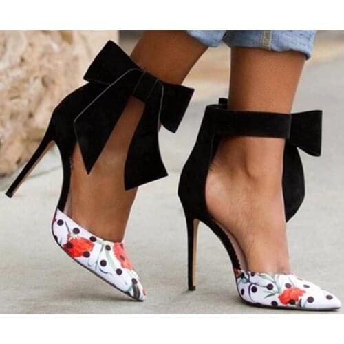 Fashion Design Butterfly-knot Thin Heels Dress Shoes Woman Sexy Pointed Toe Buckle Strap Pumps Patchwork Lady High Heels