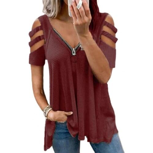 Women Shirts Sexy Solid Color Short Sleeve Zipper V-neck Hollow Blouse Off Shoulder Elegant Casual Blouse Tops Womens Clothing