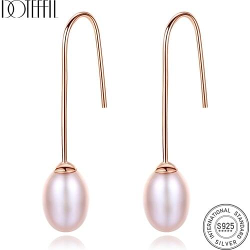 DOTEFFIL 925 Silver For Women Drop Earrings Genuine Natural Freshwater Pearl Earrings Jewelry Wedding Lady Gift Free Shipping