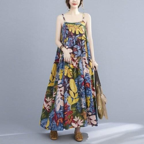 Johnature New Floral Print Bohemian Dress For Women 2021 Summer Spaghetti Strap Loose 3 Colors Simple Comfortable Female Dresses