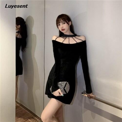Solid Black Gothic Lady Elegant Mini Dress Hollow Out High Waist Girl Long Sleeve Dresses Hole Slash Neck Korean Fashion Cloth