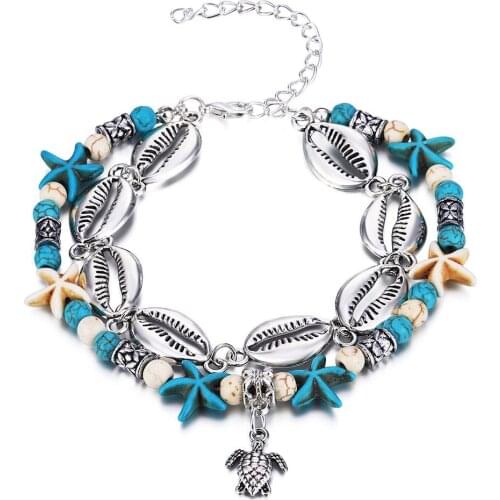 ZV Set Jewelry Double Beach Foot Chain Anklet For Women Girl Vacation Travel Gift Alloy Turtle Charm Leg Silver Color Pendant