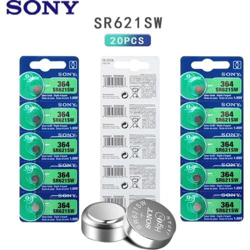 20pcs/lot Sony 364 Original 1.55V Silver Oxide Watch Battery 364 SR621SW V364 SR60 SR621 AG1 Button Coin Cell MADE IN JAPAN