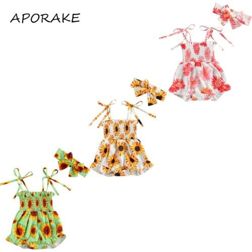 2021 0-18M Infant Summer Floral Romper Headband Baby Girl Sunflower Print Sling Sleeveless Home Sleeping Pleated Outfit Playsuit