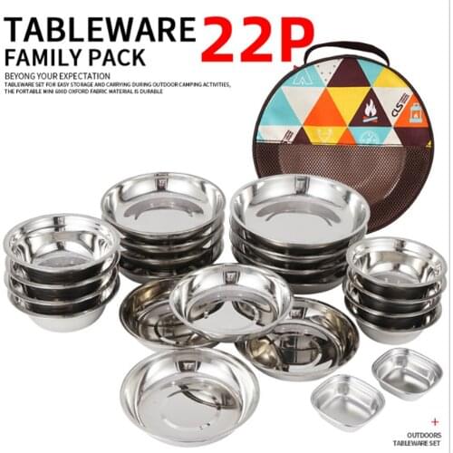 22PCS/Set Dinner Plate Soup Bowl Fruit Salad Tray Noodle Dish Fall Resistant Stainless Steel Tableware BBQ Kitchen Accessories