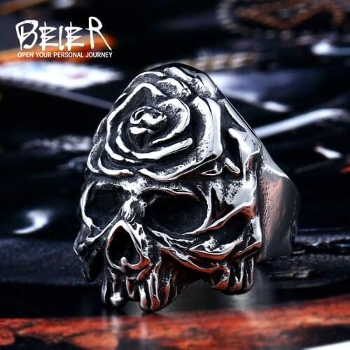 Beier new store 316L Stainless Steel ring Winged Flower On Skull Ring Cool Punk Ring Biker Jewelry LLBR8-411R