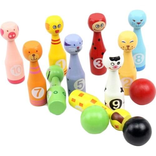 13pcs/set Wooden Bowling Set 10 Pins 3 Ball Animal Bowling Game for Children Au11 21 Dropshipping