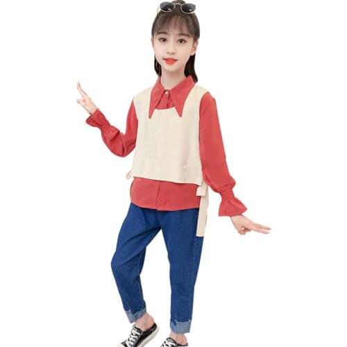 Kids Clothes Girls Solid Vest + Blouse + Jeans Clothes For Girls Spring Autumn Girl Outfit Casual Style Kid Clothes 6 8 10 12 14